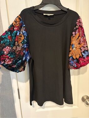 Sequin Puff Sleeve Black Top - Multicolor Sleeves